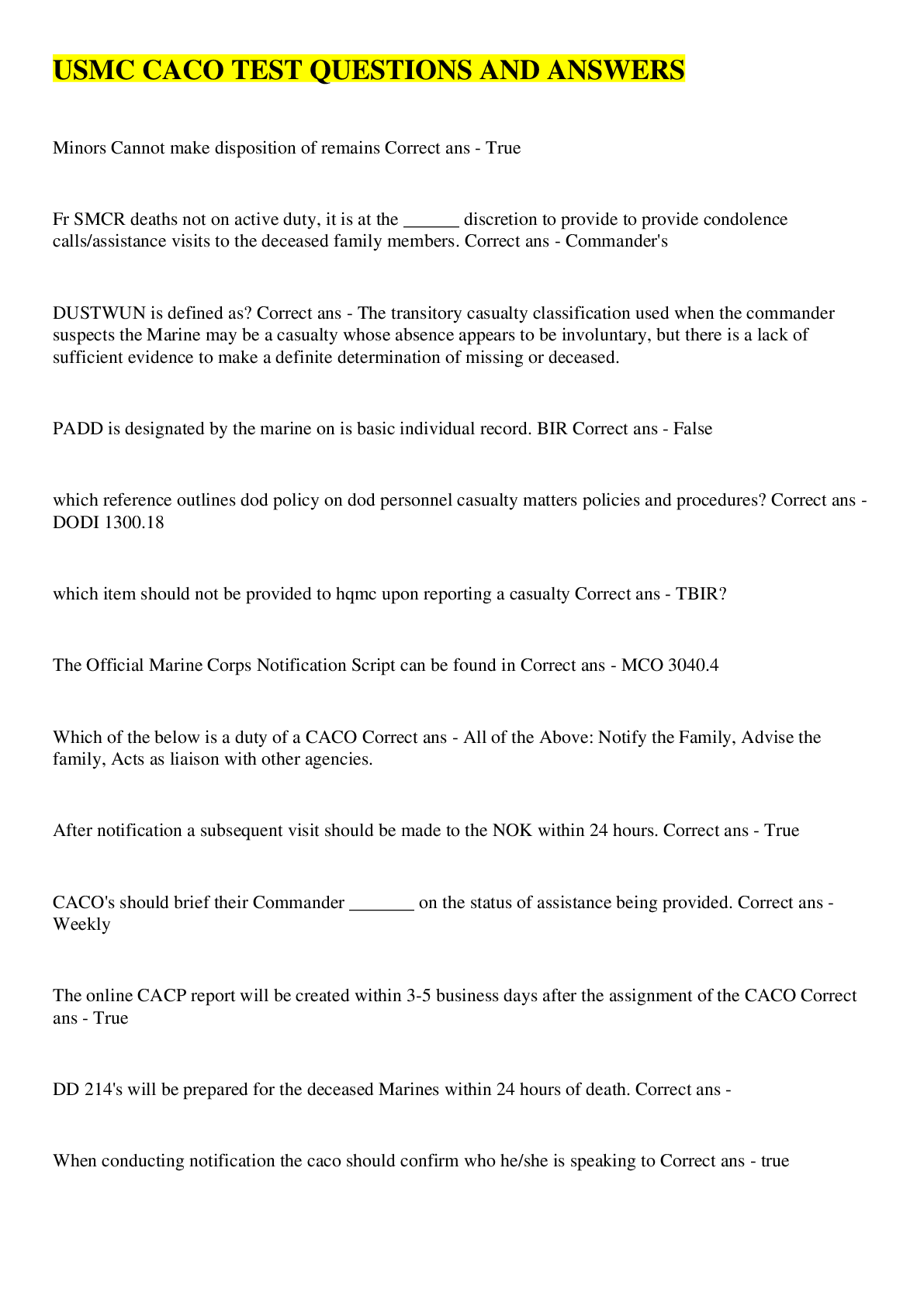 Preview image of USMC CACO TEST QUESTIONS AND ANSWERS document